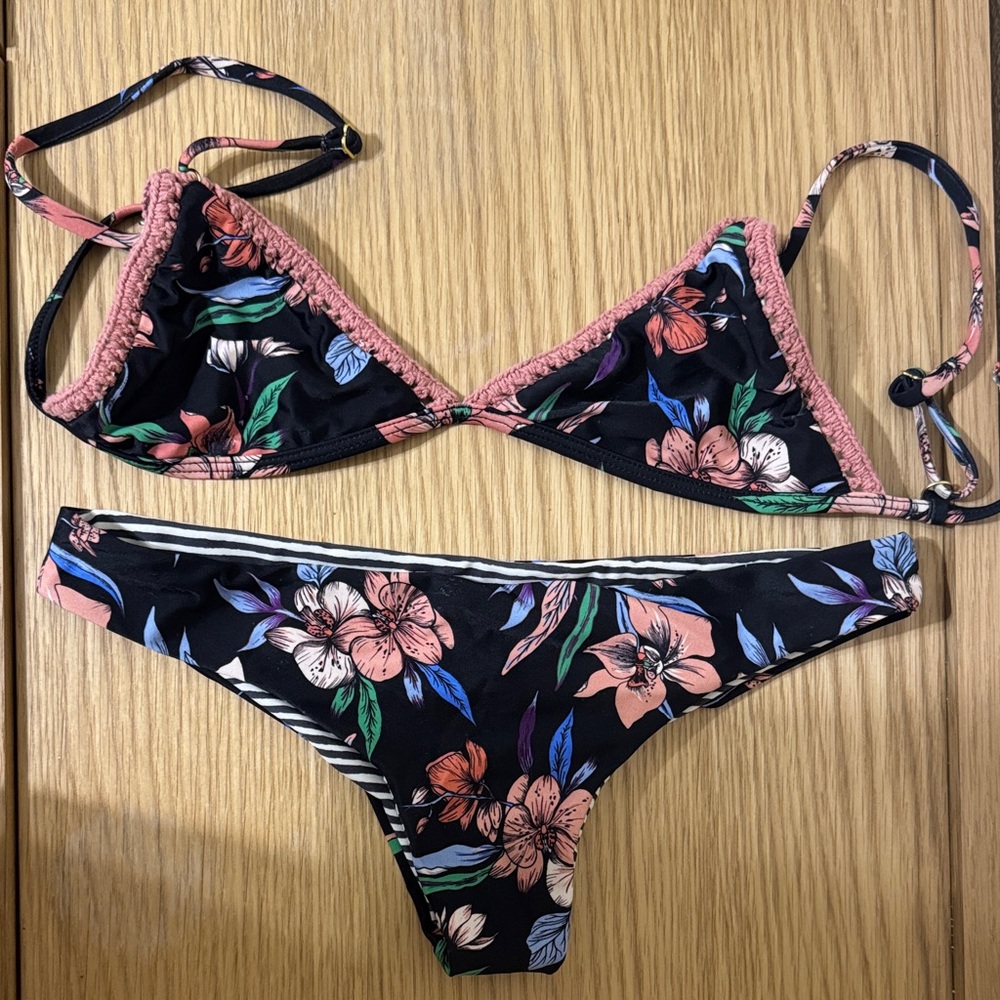ROVE Black Floral Crochet-Trim Bikini — Pink, Green, Blue